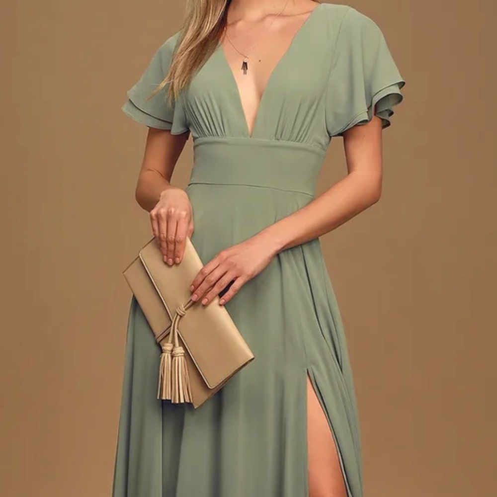 Flutter Sleeve Floor-Length Dress in Sage Green